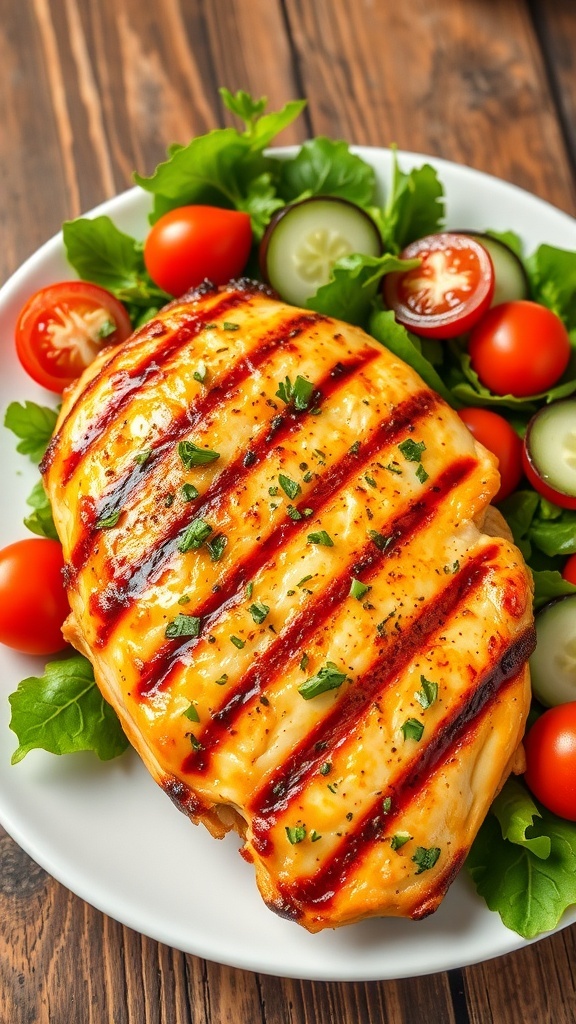 Juicy Grilled Chicken Recipe Grilled chicken breast garnished with herbs on a plate with a fresh salad.